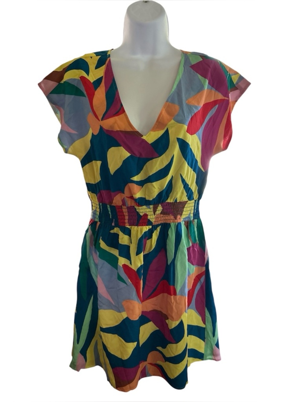 Marie Oliver Shift Dress 100% Silk Colorful Abstract Short Sleeve Size XS